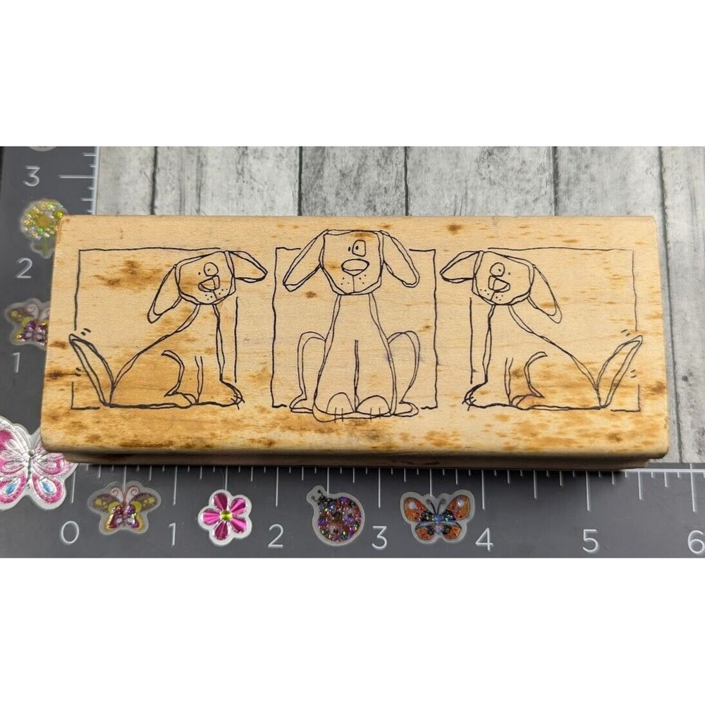 Magenta Dog Border Trio Puppies Rubber Stamp Wood #E17